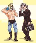  abs black_hair briefcase curly_hair kenny_omega kyobashi long_hair looking_at_another mask multicolored_hair multiple_boys muscle new_japan_pro_wrestling silver_hair sunglasses tiger_mask tiger_mask_(series) tiger_mask_w two-tone_hair 