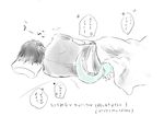  bed black_hair blanket carbuncle_(final_fantasy) final_fantasy final_fantasy_xv limited_palette lying male_focus noctis_lucis_caelum on_side pillow shirt sleeping soto_(20151217337) t-shirt tail translation_request trembling under_covers 