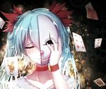  aqua_hair bai_yemeng bangs blurry broken_mask card choker closed_eyes closed_mouth clown_mask collarbone depth_of_field diamond_(shape) falling_card flipped_hair flower frown gears gradient_hair hair_between_eyes hair_flower hair_ornament hatsune_miku heart joker karakuri_pierrot_(vocaloid) king_(playing_card) lace lens_flare lips long_hair mask multicolored_hair nail_polish number playing_card portrait raised_eyebrow red_nose revision smile solo tears twintails vocaloid wristband 