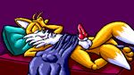  2017 anthro armpits balls barefoot bed bed_covers bedding big_ears black_nose blue_eyes blush canine chest_fur digital_media_(artwork) erection flygon_(artist) fox fur hand_on_head knot lapatte lying male mammal miles_prower nude on_back on_bed open_mouth penis pillow pixel_(artwork) solo sonic_(series) squint toes tongue under_covers video_games white_fur yellow_fur 