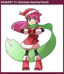  blue_eyes boots clenched_hand fingerless_gloves full_body gloves green_scarf hat kneehighs mary_cagle original pink_hair red_footwear santa_hat scarf solo thighhighs zettai_ryouiki 