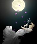  blonde_hair dress falling final_fantasy final_fantasy_xv flower full_moon lunafreya_nox_fleuret moon night night_sky polearm ponytail sky solo soto_(20151217337) trident weapon white_dress 