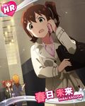  brown_hair card_(medium) cellphone character_name coat formal idolmaster idolmaster_(classic) idolmaster_million_live! image_sample jpeg_artifacts kasuga_mirai momose_rio official_art orange_hair phone pink_shirt ribbon shirt side_ponytail sleeves_folded_up suit takatsuki_yayoi twintails twitter_sample 