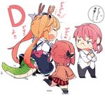  bat_hair_ornament blonde_hair blush breast_envy cardigan commentary_request crossover dragon_girl dragon_horns dragon_tail gabriel_dropout glasses hair_ornament hair_rings horns kobayashi-san_chi_no_maidragon kobayashi_(maidragon) kurumizawa_satanichia_mcdowell long_hair maid maid_headdress multiple_girls necktie open_mouth pekeko_(pepekekeko) red_hair school_uniform season_connection tail tooru_(maidragon) translated twintails 