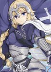  armor armored_dress bangs banner blonde_hair blue_eyes braid breasts commentary dress fate/apocrypha fate/grand_order fate_(series) floating_hair gloves headpiece highres holding holding_weapon hoshimiya_mashiro jeanne_d'arc_(fate) jeanne_d'arc_(fate)_(all) long_hair looking_at_viewer medium_breasts smile solo standing very_long_hair weapon 