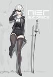  absurdres alternate_costume blindfold blindfold_lift copyright_name gloves high_heels highres jacket katana nier_(series) nier_automata nogchasaeg_(karon2848) planted_sword planted_weapon shorts silver_eyes solo sword thighhighs weapon yorha_no._2_type_b 