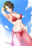  arm_up armpits artist_name bikini black_hair breasts cinder_fall cleavage cloud collarbone cowboy_shot dated day highres jewelry large_breasts lenny_face looking_at_viewer lulu-chan92 open_mouth rwby scar scar_across_eye see-through shiny shiny_skin short_hair simple_background sky solo swimsuit yellow_eyes 