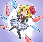  black_legwear blonde_hair blush dress flower hair_flower hair_ornament hime_(suguri) long_sleeves red_eyes red_flower red_rose rose shinapuu short_hair skirt solo suguri thighhighs 