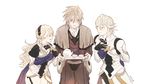  2boys armor cape cup deere_(fire_emblem_if) female_my_unit_(fire_emblem_if) fire_emblem fire_emblem_if gloves hasumukai11 highres holding long_hair male_my_unit_(fire_emblem_if) mamkute multiple_boys my_unit_(fire_emblem_if) simple_background teacup teapot tray white_background 