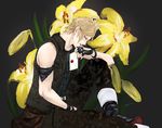  armband bare_shoulders blonde_hair final_fantasy final_fantasy_xv flower handkerchief letter lily_(flower) male_focus prompto_argentum sitting solo soto_(20151217337) vest 