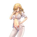  1girl bangs belt belt_buckle blonde_hair blue_eyes blush breast_pocket breasts buckle buttons cleavage collarbone cowboy_shot drill_hair drill_locks eyebrows_visible_through_hair eyelashes fingernails hair_over_one_eye hand_on_hip hand_up holding large_breasts legs_apart long_hair looking_at_viewer midriff mouth_hold navel no_bra open_clothes open_fly open_pants open_shirt oriana_thomason pants paper pocket shirt short_sleeves sleeves_rolled_up smile solo standing stomach to_aru_majutsu_no_index transparent_background uchi_no_hime-sama_ga_ichiban_kawaii unbuckled_belt unbuttoned unbuttoned_pants underboob white_pants 