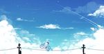  aqua_hair bai_yemeng bicycle black_shirt character_name cloud cloudy_sky condensation_trail day from_side ground_vehicle hatsune_miku highres hood hoodie kite long_hair long_sleeves outdoors profile revision riding shirt shorts sky solo telephone_pole twintails vocaloid 