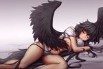  bed_sheet black_hair black_wings breasts closed_eyes eyebrows_visible_through_hair feathered_wings hater_(hatater) large_breasts long_hair lying messy_hair nipples on_side one_breast_out panties parted_lips pillow reiuji_utsuho shirt_lift simple_background sleeping solo touhou unaligned_breasts underwear very_long_hair wardrobe_malfunction white_panties wings 