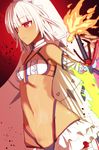  altera_(fate) armor bad_id bad_pixiv_id bangs bare_shoulders black_nails choker dark_skin eyebrows_visible_through_hair fate/extella fate/extra fate/grand_order fate_(series) fire holding holding_weapon looking_to_the_side midriff nachisuke nail_polish navel photon_ray rainbow red_eyes short_hair silver_hair solo sword tattoo veil weapon white_hair 