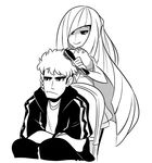  1girl chair comb combing greyscale guzma_(pokemon) hair_over_one_eye long_hair lusamine_(pokemon) mary_cagle monochrome pokemon pokemon_(game) pokemon_sm pout sitting smile very_long_hair 