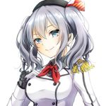  aoi_(kiyokiyoaomushi) beret blue_eyes breasts epaulettes gloves hat highres jacket kantai_collection kashima_(kantai_collection) large_breasts long_hair long_sleeves silver_hair simple_background smile solo tsurime two_side_up white_background white_gloves white_jacket 