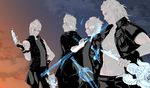  final_fantasy final_fantasy_xv floating_swords gladiolus_amicitia gun ignis_scientia jacket male_focus multiple_boys noctis_lucis_caelum open_clothes open_jacket partially_colored prompto_argentum sky soto_(20151217337) star_(sky) starry_sky sunset sword vest weapon 