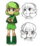  belt blue_eyes blush_stickers boots green_footwear green_hair green_hairband hairband instrument mary_cagle ocarina saria sketch smile solo the_legend_of_zelda the_legend_of_zelda:_ocarina_of_time turtleneck 