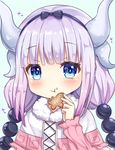  beads blue_eyes bug butterfly cookie dress eating food hair_beads hair_ornament hairband horns insect kanna_kamui kobayashi-san_chi_no_maidragon long_hair pink_hair ribbon solo sunameri_(pixiv3564245) twintails upper_body very_long_hair 