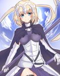  armor armored_dress bad_id bad_pixiv_id bangs banner blonde_hair blue_eyes braid breasts dress fate/apocrypha fate/grand_order fate_(series) floating_hair gloves headpiece highres holding holding_weapon jeanne_d'arc_(fate) jeanne_d'arc_(fate)_(all) large_breasts long_hair looking_at_viewer mochi_chuuyuu solo standing very_long_hair weapon 