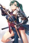  armor blue_coat breasts coat earrings fire_emblem fire_emblem:_kakusei fire_emblem:_rekka_no_ken fur_trim gauntlets green_eyes green_hair groin ichikei jewelry katana kneeling large_breasts long_hair lyndis_(fire_emblem) ponytail sheath shiny shiny_hair shiny_skin shoulder_armor solo spaulders sword thighs weapon 