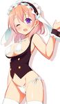  9law ;d alternate_costume animal_ears bikini blush breasts bunny_ears cleavage fleur_de_lapin_uniform gochuumon_wa_usagi_desu_ka? hoto_cocoa large_breasts looking_at_viewer one_eye_closed open_mouth purple_eyes short_hair side-tie_bikini sideboob simple_background smile solo swimsuit thighhighs underboob waitress white_background white_bikini white_legwear wrist_cuffs 