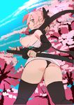  absurdres bare_shoulders breasts cherry_blossoms day elbow_gloves fate_(series) gloves green_eyes highres koha-ace large_breasts okita_souji_(fate) okita_souji_(fate)_(all) outdoors pink_hair scarf sideboob skirt sky solo thighhighs try 