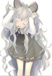 absurdly_long_hair alternate_hair_length alternate_hairstyle animal_ears blush capelet closed_eyes cowboy_shot cutout dress facing_viewer grey_dress grey_hair holding holding_hair ishikkoro jewelry long_hair long_sleeves messy_hair mouse_ears nazrin open_mouth pendant solo sweatdrop touhou very_long_hair white_background 