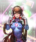 animal_ears animal_print arms_up binary blue_suit bodysuit brown_hair bunny_print cat_ears covered_navel crotch d.va_(overwatch) deviantart_username facepaint fake_animal_ears gloves headphones headset highres long_hair looking_at_viewer md5_mismatch open_mouth overwatch pointing pointing_at_self purple_eyes red_lips revision ribbed_bodysuit sangrde skin_tight solo turtleneck very_long_hair watermark web_address whisker_markings white_gloves 