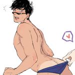  ass black_hair blush glasses male_focus osomatsu-kun osomatsu-san solo_focus sweat tan tanline topless undressing 