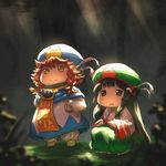  :o aaaa bangs black_eyes black_hair blue_hat blunt_bangs braid capelet frilled_skirt frills green_hat green_skirt hair_between_eyes hakumei_(hakumei_to_mikochi) hakumei_to_mikochi hands_on_hips hat hat_ribbon highres light_rays lighting long_hair long_skirt looking_at_viewer mikochi_(hakumei_to_mikochi) multiple_girls open_mouth orange_hair red_ribbon ribbon skirt smile squatting sunbeam sunlight tabard thick_eyebrows twin_braids very_long_hair white_ribbon white_robe wide_sleeves yellow_eyes 