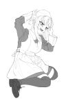  1girl apron bangs blood bloody_clothes blunt_bangs blush boku_no_hero_academia double_bun fangs greyscale hair_bun highres maid maid_apron maid_headdress messy_hair monochrome open_mouth shoes simple_background sitting solo thighhighs toga_himiko wariza wootsang 