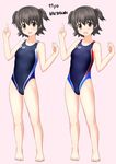 absurdres akagi_miria arena_(company) bare_legs barefoot bikini black_hair brown_eyes commentary_request competition_swimsuit highres idolmaster idolmaster_cinderella_girls index_finger_raised looking_at_viewer multiple_views one-piece_swimsuit pink_background short_hair simple_background standing swimsuit takafumi twintails two_side_up 