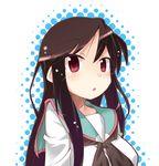  a_channel black_hair black_neckwear blush eyebrows_visible_through_hair long_hair looking_at_viewer miiyon neckerchief nishi_yuuko open_mouth red_eyes school_uniform solo 