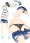  ama_mitsuki aqua_eyes aqua_hair ass bare_legs black_panties blush body_pillow bow bow_panties bracelet breasts collarbone crossed_arms dated denim denim_skirt hair_ornament hairclip jewelry kantai_collection long_hair long_sleeves lying medium_breasts miniskirt multiple_views navel on_side open_clothes open_mouth open_skirt panties pillow pillow_hug shirt signature simple_background skirt skirt_pull slippers standing striped suzuya_(kantai_collection) underwear upskirt vertical-striped_panties vertical_stripes white_background white_shirt 