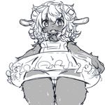  2013 anthro blush breasts camel_toe caprine clothed clothing dark_fur female floatation_device fully_clothed fur hair inner_tube kemono kishibe looking_at_viewer looking_down low-angle_view mammal messy_hair monochrome navel one-piece_swimsuit open_mouth sheep simple_background sketch small_breasts solo standing swimsuit white_background 