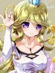  2017 bangs bare_shoulders belladonna_(granblue_fantasy) blonde_hair blush breasts bridal_gauntlets brown_background cleavage cleavage_cutout closed_mouth collarbone crown curly_hair dated dress eyebrows_visible_through_hair eyelashes glint granblue_fantasy large_breasts long_hair looking_down meme miuku_(marine_sapphire) oekaki salt_bae_(meme) simple_background smile solo sparkle strapless strapless_dress swept_bangs upper_body white_dress 