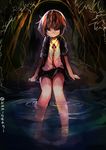  1girl bare_legs brown_hair character_request copyright_request female kaamin_(mariarose753) looking_at_viewer necktie outdoors partially_submerged short_hair sitting skirt smile solo twitter_username water 