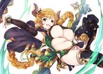  belly black_legwear blonde_hair braid breasts carmelina_(granblue_fantasy) covered_nipples draph granblue_fantasy highres hips horns large_breasts leg_lift long_hair looking_at_viewer midair niko_(tama) open_mouth plump pointy_ears simple_background smile solo thighhighs thighs twin_braids underboob very_long_hair white_background 