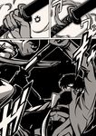  absurdres battle clash comic doudanuki_masakuni duel greyscale highres horikawa_kunihiro jacket looking_at_another male_focus monochrome multiple_boys open_clothes open_jacket sarashi shaded_face sheath sword touken_ranbu unsheathing weapon yuuma_(u-ma) 