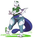  anthro clothed clothing female ficus fur hair hybrid legendary_pok&eacute;mon mewtwo nintendo pok&eacute;mon slightly_chubby solo standing thick_thighs torn_clothing unzipped video_games wings 
