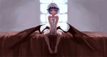  bare_arms bare_legs bare_shoulders barefoot bed bed_sheet between_legs closed_mouth dress fang flat_chest frills full_body hand_between_legs hat highres indoors koog looking_at_viewer mob_cap nightgown on_bed open_eyes purple_hair red_eyes red_wings remilia_scarlet ribbon short_hair sitting sitting_on_bed sleeveless sleeveless_dress smile solo toe_scrunch touhou vampire white_dress window wings 