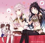  4girls akagi_(kantai_collection) armor asymmetrical_hair asymmetrical_sleeves bare_shoulders black_hair blue_eyes blush braid cleavage_cutout closed_eyes cloud_print crop_top cup dated detached_sleeves eating feeding food food_on_face hair_ribbon hakama hakama_skirt heart ice_cream japanese_clothes jitome kabocha_torute kaga_(kantai_collection) kantai_collection katsuragi_(kantai_collection) long_hair midriff miniskirt multiple_girls navel open_mouth pantyhose parfait ponytail remodel_(kantai_collection) revision ribbon side_ponytail silver_hair single_braid sitting skirt skirt_set smile spoken_ellipsis spoken_heart thighhighs twitter_username unryuu_(kantai_collection) very_long_hair white_ribbon yellow_eyes yuri 