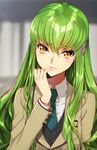  artist_name ashford_academy_uniform blurry blurry_background c.c. code_geass creayus eyebrows_visible_through_hair finger_to_mouth green_hair hair_ornament hairclip long_hair looking_at_viewer necktie open_mouth school_uniform solo upper_body yellow_eyes 