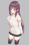  3: black_skirt blue_eyes blush breasts brown_hair eyebrows_visible_through_hair frown grey_background highres large_breasts long_hair long_sleeves looking_at_viewer mikazuchi_zeus new_game! ribbed_sweater simple_background skirt sleeveless sleeveless_turtleneck solo sweater takimoto_hifumi turtleneck 