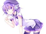  eyebrows_visible_through_hair finger_to_mouth hair_ornament haru.jpg hat index_finger_raised looking_at_viewer necktie purple_eyes purple_hair purple_hat purple_legwear purple_neckwear purple_skirt short_hair short_sleeves skirt smile solo thighhighs utane_uta utau 