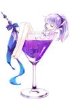  54hao bare_arms bare_legs barefoot blue_ribbon closed_eyes cocktail cocktail_glass commentary cup dress drinking_glass ice in_container in_cup legs long_hair original parted_lips ponytail purple_dress purple_eyes purple_hair ribbon short_dress sidelocks silver_hair sitting sleeping solo toothpick white_dress 