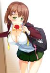  bag blush breasts brown_hair cleavage commentary_request eyebrows_visible_through_hair food food_in_mouth food_on_body green_eyes green_skirt hair_ornament hairclip highres imouto-chan_to_taka-kun large_breasts late_for_school leaning_forward long_sleeves looking_at_viewer miniskirt mouth_hold no_bra original pleated_skirt school_bag school_uniform skirt solo toast toast_in_mouth uniform uzuki_hiro 