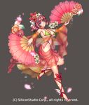  bare_shoulders blue_eyes bow breasts cleavage company_name dancer fan feathers flower full_body grey_background gyakushuu_no_fantasica hair_flower hair_ornament high_heels jewelry large_breasts necklace official_art petals pink_hair revealing_clothes ryuki@maguro-ex sarong simple_background solo 