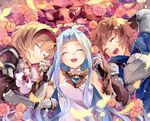  2girls armor blonde_hair blue_hair brown_eyes brown_hair djeeta_(granblue_fantasy) ebony_nightmare fighter_(granblue_fantasy) flower gran_(granblue_fantasy) granblue_fantasy hairband holding_hands long_hair lying lyria_(granblue_fantasy) multiple_girls short_hair smile vee_(granblue_fantasy) 